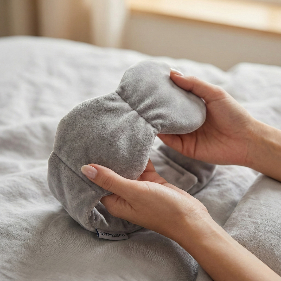 Pustende, justerbar vektet sovemaske for mørk søvn. Optimal komfort for stressreduksjon.