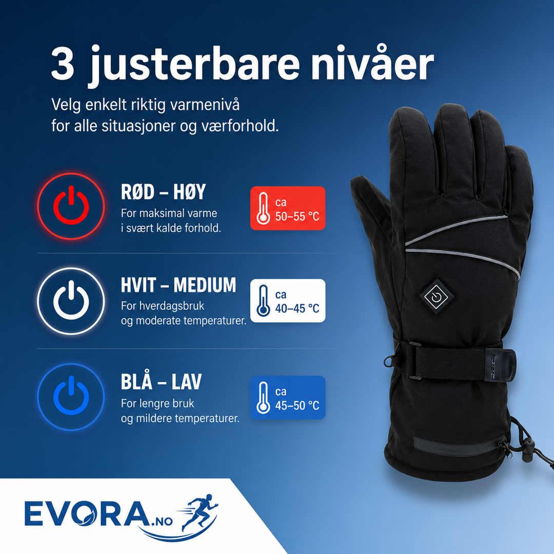 Oppladbare USB-vinterhansker som holder hendene varme med 3 innstillinger. Perfekte for kalde dager og utendørsbruk.