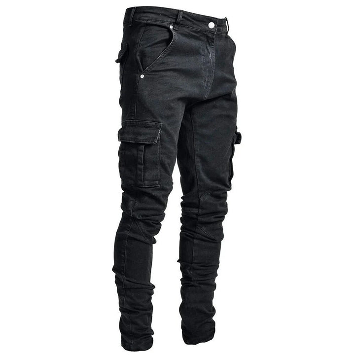 Blå robuste herre cargobukser i denim med mange praktiske lommer. Perfekt for casual herremote og hverdag.