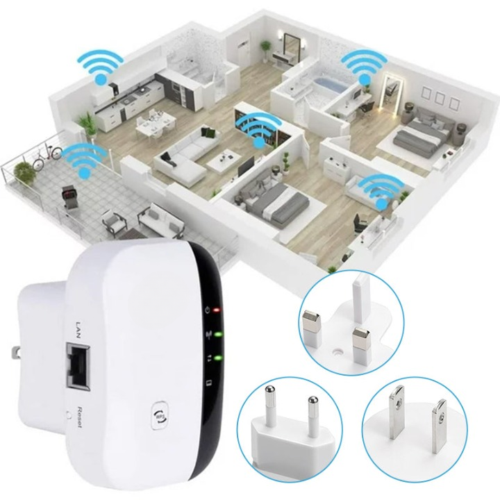 Kompakt trådløs WiFi repeater og tilgangspunkt. Gir bedre nettverksdekning i hele boligen.
