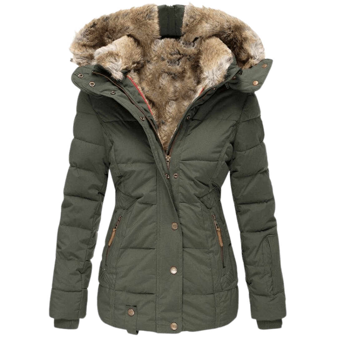 Varm damejakke med hette, fuskepelsfôr og slim fit design. Ideell for kaldt vær og yttertøy for kvinner.