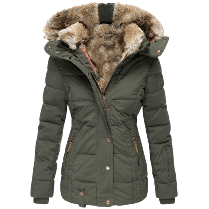 Varm damejakke med hette, fuskepelsfôr og slim fit design. Ideell for kaldt vær og yttertøy for kvinner.