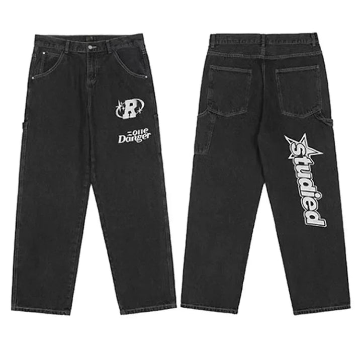 Vide baggy jeans med kult grafisk trykk, for en edgy og motebevisst streetwear-look.