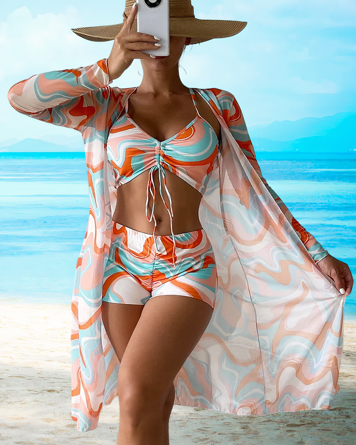 Elegant 3-delt bikinsett med høy midje for dame. Perfekt trendy badetøy for strand og sommerferie.