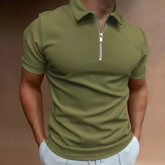 Tidløs kortermet glidelåsskjorte for menn. Fritidsstil med komfortabel passform i myk polyester.