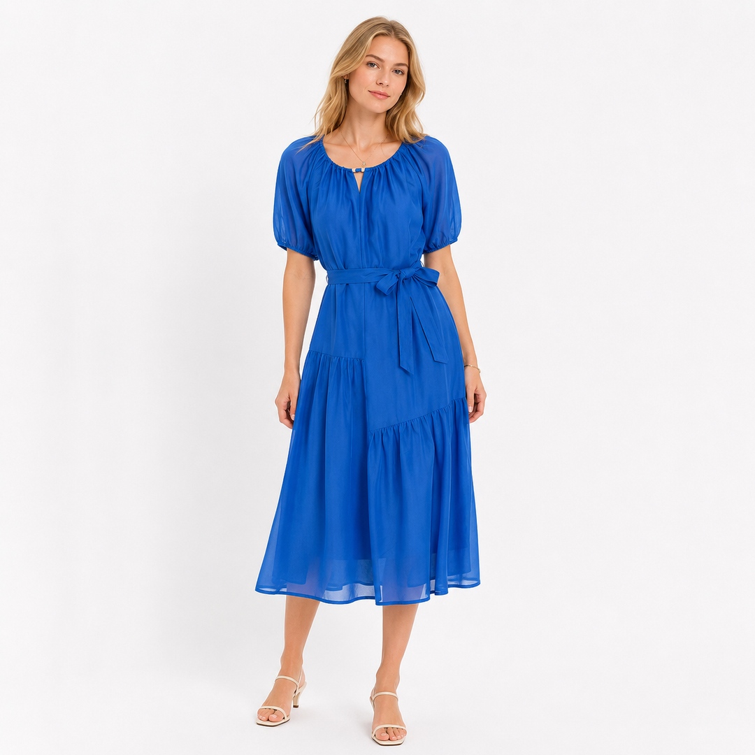 Kvinner kleinblå A-linje midi kjole med elegant knytebelte og puffermer; perfekt for sommer og fest.
