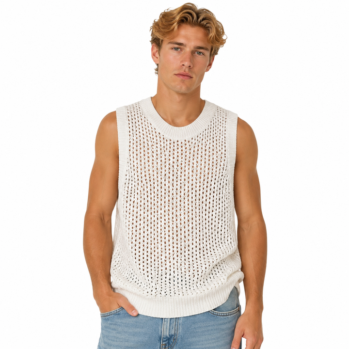 Herre oversized mesh tanktopp i hvitt, luftig og pustende for sommer og trening. Ermeløs fritidstopp.