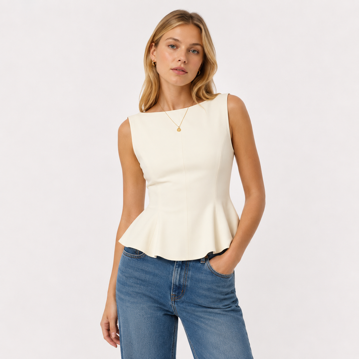 Stilig dametopp med ryggløs passform, knytebånd og rynkedetaljer. Ideell elegant tanktopp for varme dager.