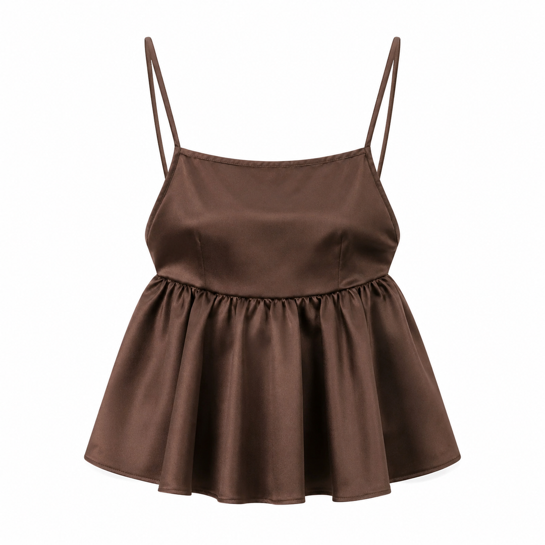 Brun ryggløs peplum topp for dame med justerbare stropper, perfekt for en elegant og feminin look.