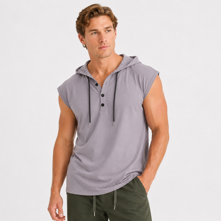 Lett herre activewear vest med hette, ermeløs og med snøring for en tilpasset og behagelig passform.