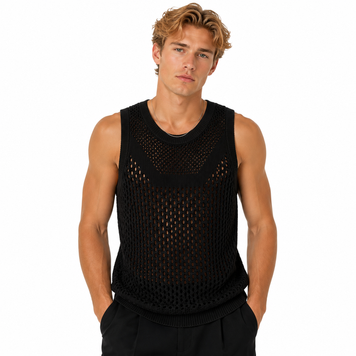 Luftig herre mesh tanktopp, ermeløs og oversized i svart, ideell for trening, sommer og casual streetwear.