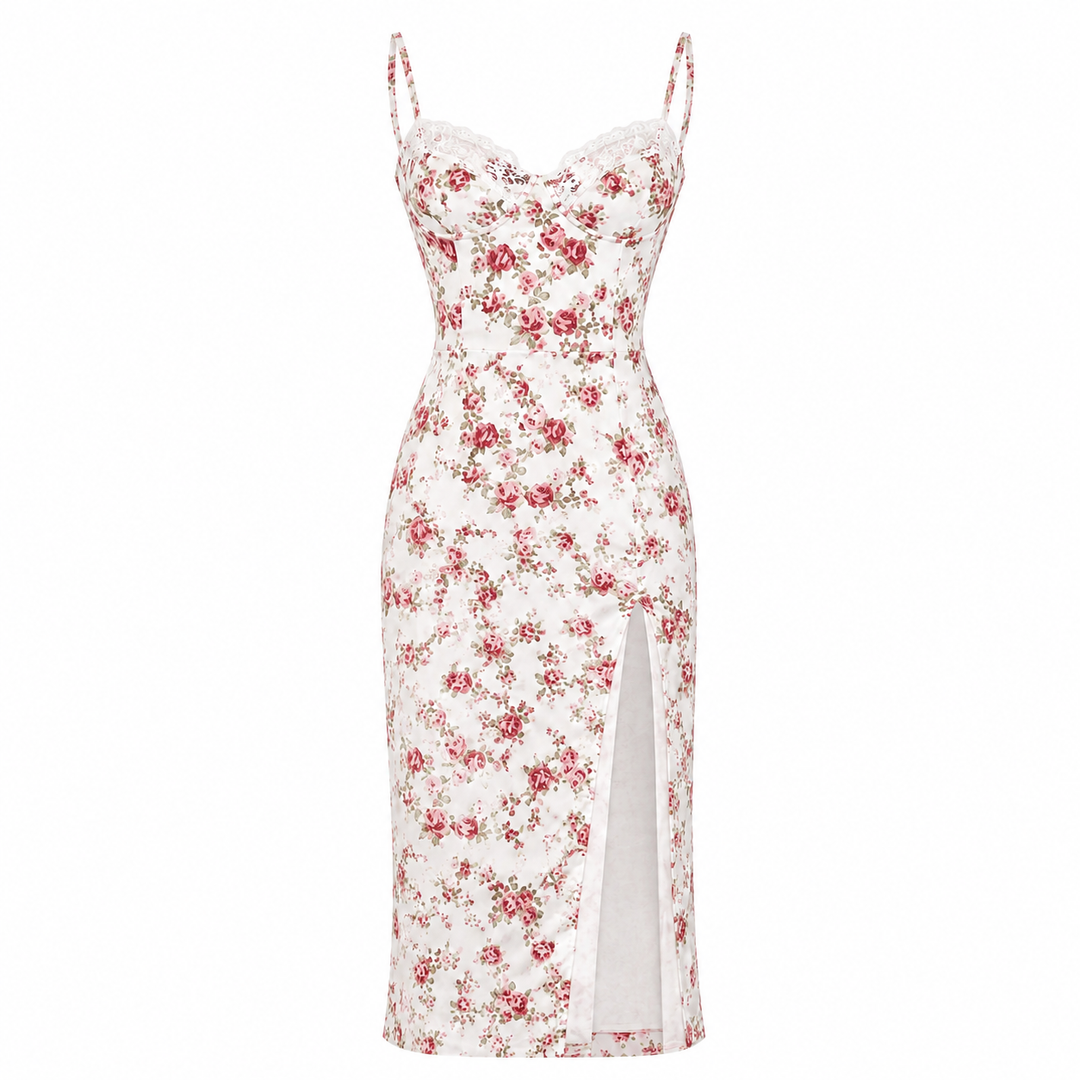 Festklar blomstret midikjole til dame, ryggløs med høy splitt. Figurnær og elegant ermeløs sommerkjole.