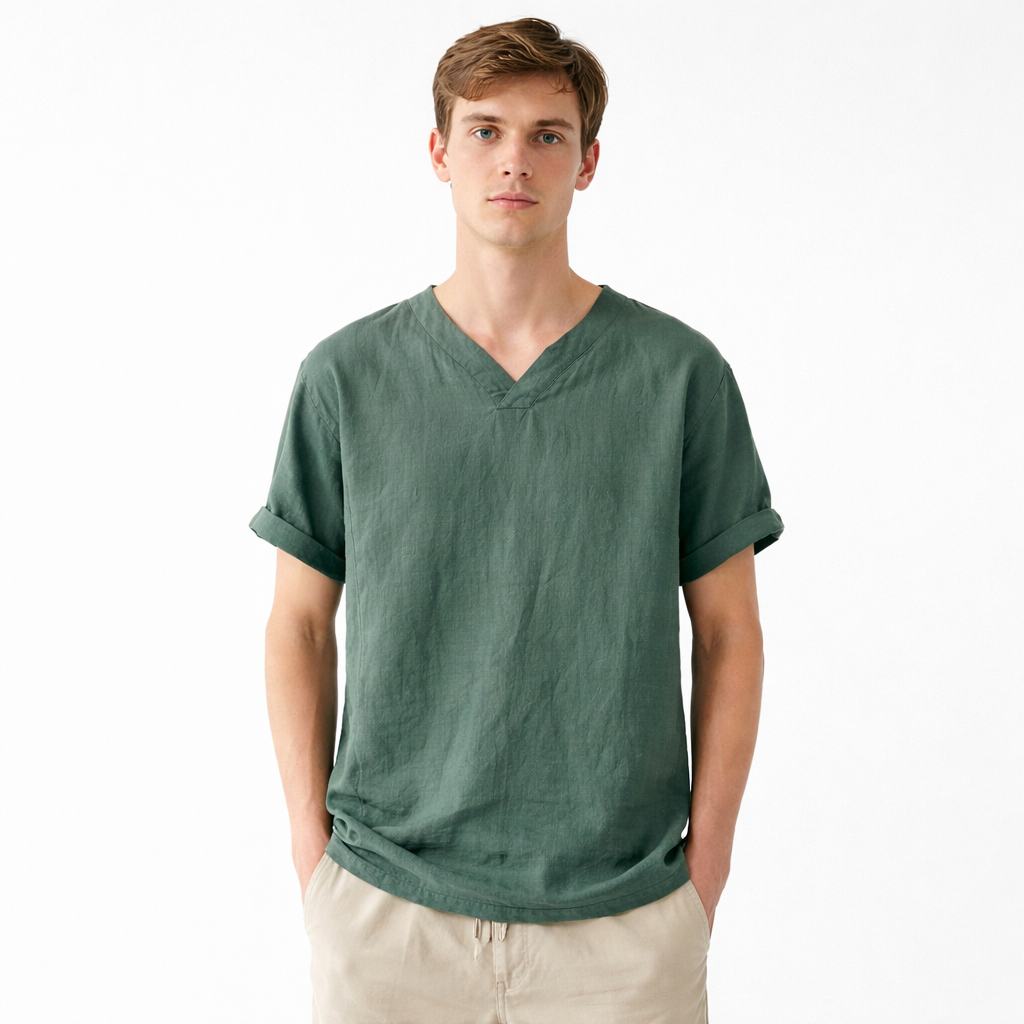 Herre t-skjorte i 100% lin. Komfortabel, pustende sommerskjorte med elegant kinesisk stil.