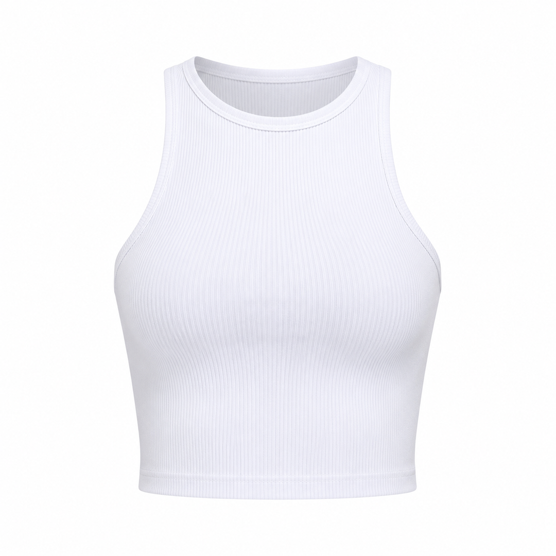 Hvit ermeløs crop topp. Komfortabel dame sommertopp med rund hals for hverdag og stilren look.