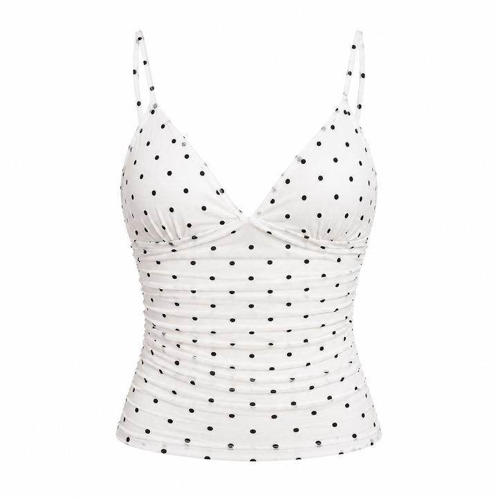 Prikkete camisole dame topp med V-hals, mesh og figurnær passform. Komfortabel sommer topp.