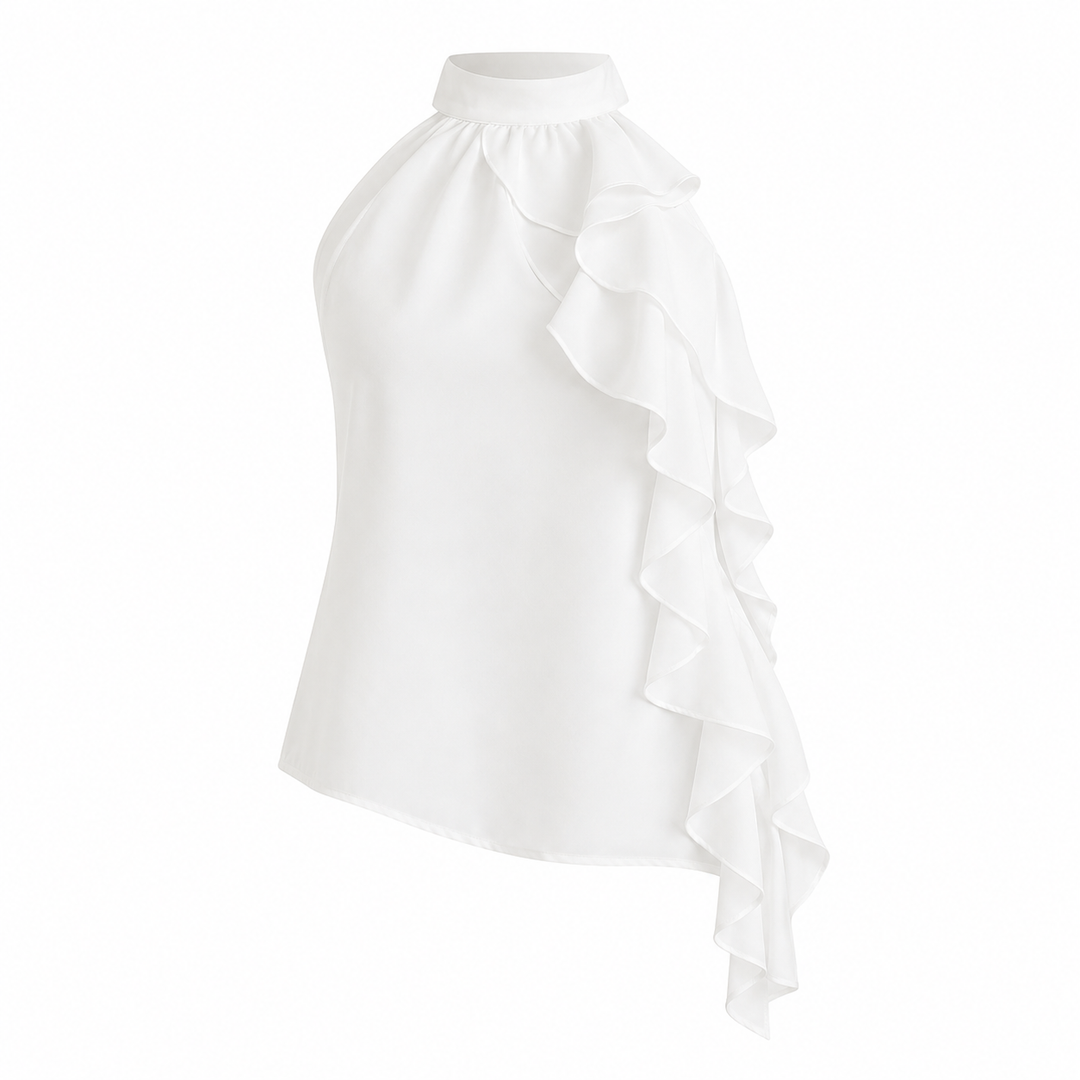 Trendy hvit off-shoulder topp for dame med halterneck og volanger. Ideell for casual sommerdager.