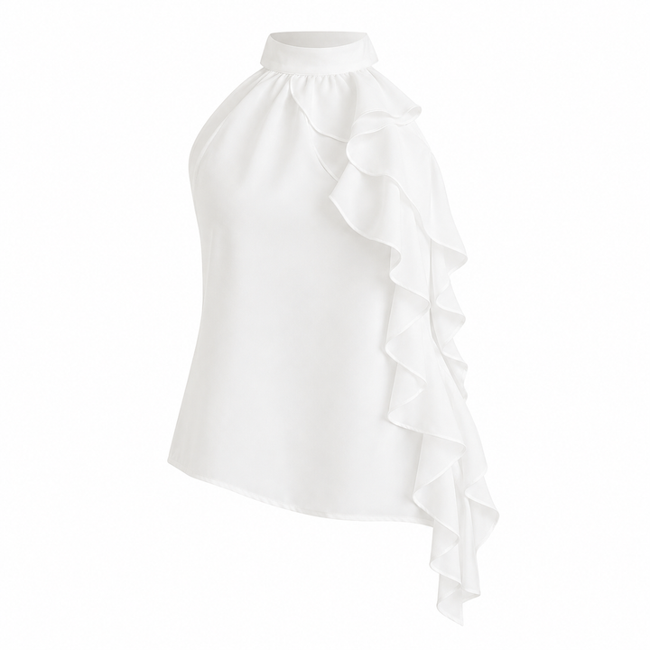 Trendy hvit off-shoulder topp for dame med halterneck og volanger. Ideell for casual sommerdager.