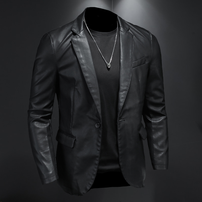 Elegant svart PU-skinnjakke for menn i klassisk bikerstil, perfekt for tidløs mote og ytterplagg.