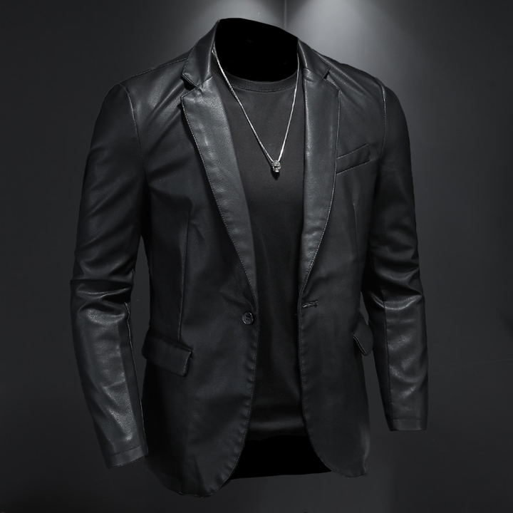 Elegant svart PU-skinnjakke for menn i klassisk bikerstil, perfekt for tidløs mote og ytterplagg.