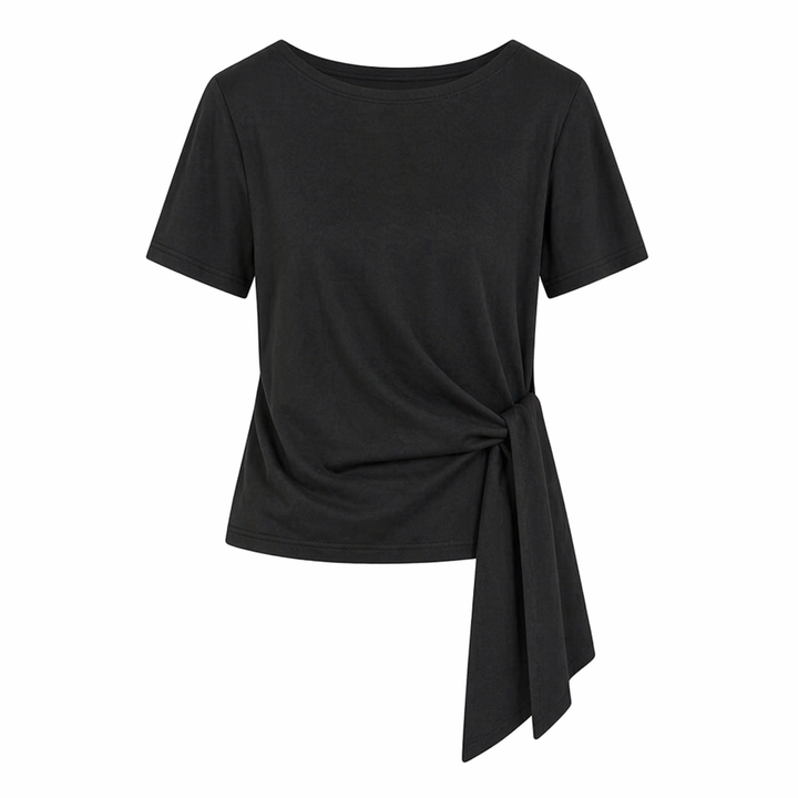 Komfortabel dame t-skjorte i strikket bomull med belte, perfekt for en basic, men elegant hverdag.