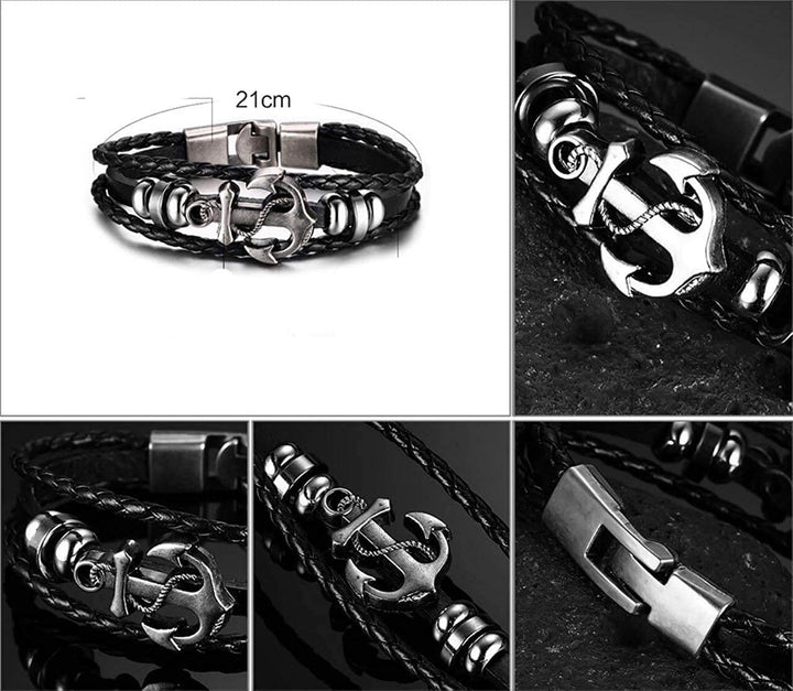 Håndlaget nautisk skinnarmbånd med anker. Slitesterkt unisex armbånd, ideelt for maritim stil.
