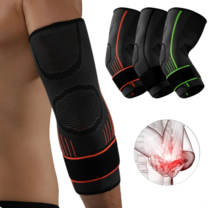 Ergonomisk albuestøtte med kompresjon gir stabilitet og beskyttelse under trening og sport, forebygger skader.