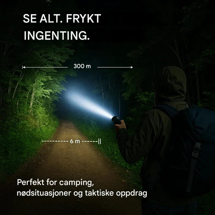 Høyytelses lommelykt 100 000 lumen for camping, jakt og nødbruk. Oppladbar og solid aluminium.