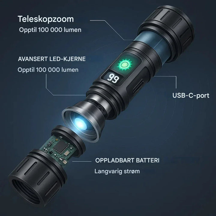 Langvarig oppladbar lommelykt 100 000 lumen, designet for tøffe værforhold. Taktisk aluminiumskropp.