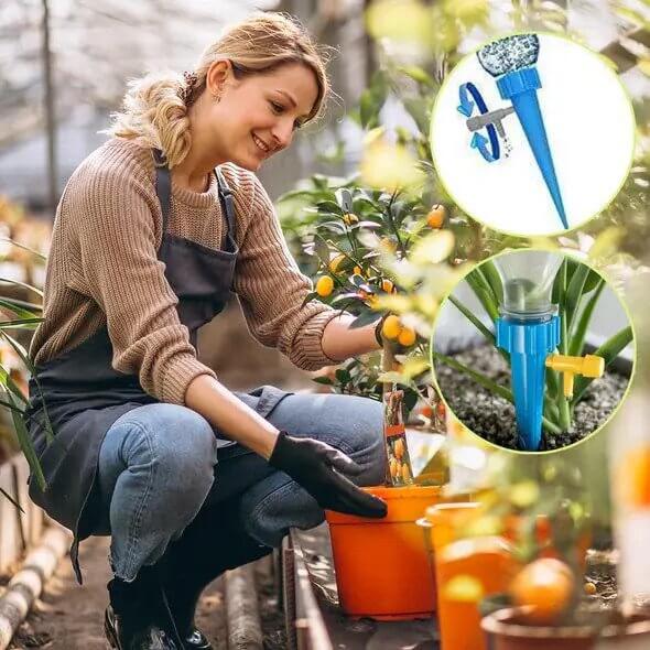 Automatisk vanningssystem i bruk i blomsterbed. Holder hagen frodig og blomstrende med miljøvennlig vanning.