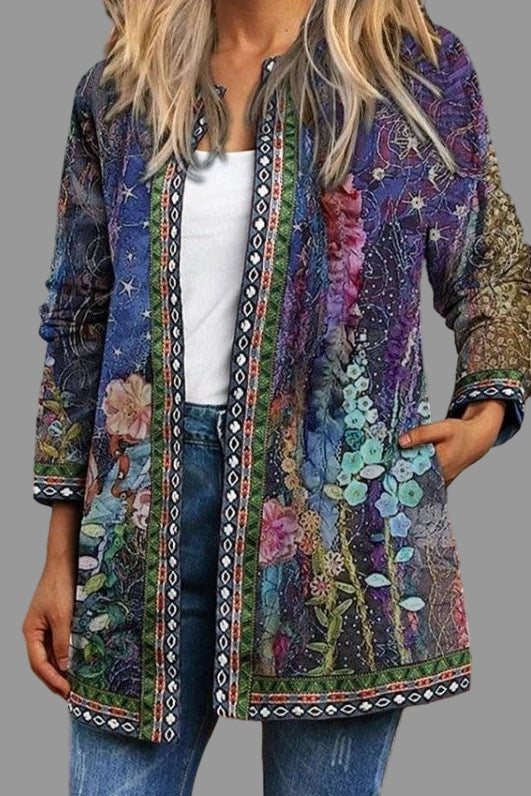 Uformell dame cardigan med blomstertrykk og mønster, perfekt for lagpålag. Langermet og avslappet stil for vår/sommer/høst.
