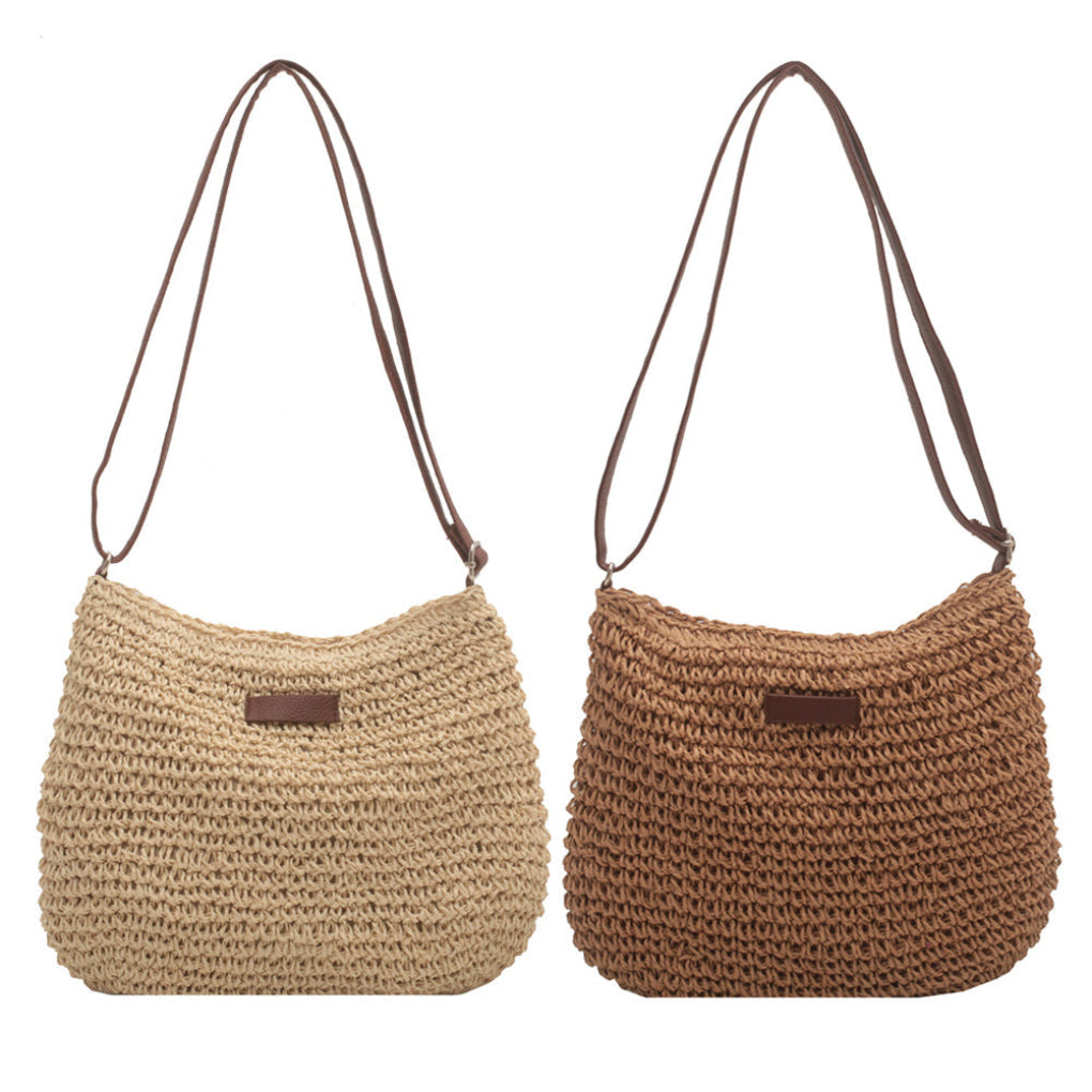 Praktisk beige stråveske for kvinner, en robust og chic ferieveske og strandveske i medium størrelse.