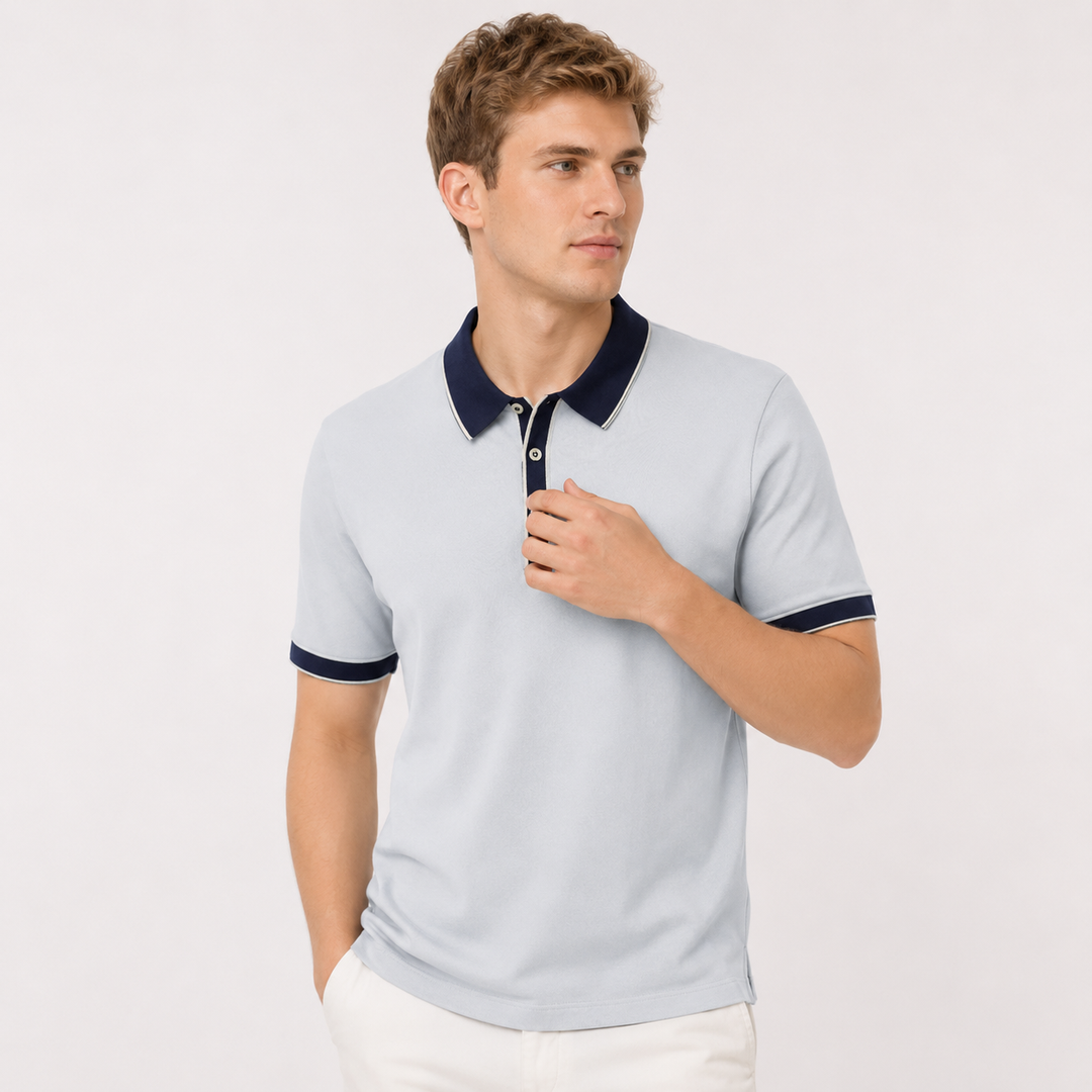 Herre strikket lyocell poloskjorte, lett og stilfull, perfekt for business casual og sommerbruk.