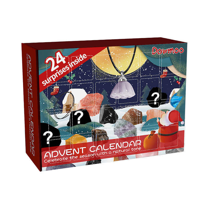 Åpen mineral adventskalender med et utvalg steiner, viser innholdet og kvaliteten for barn.