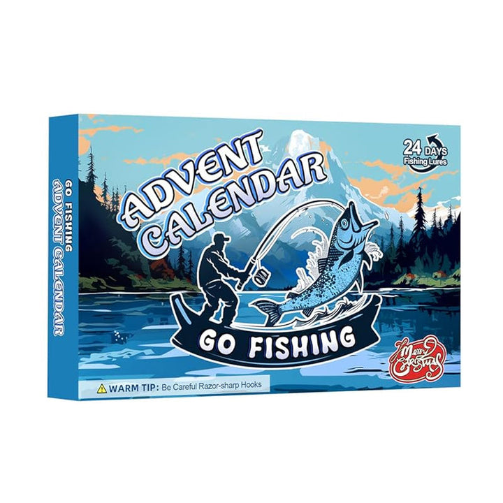 Boksen til adventskalenderen med fiskeutstyr, klar til å åpnes dag for dag i desember.