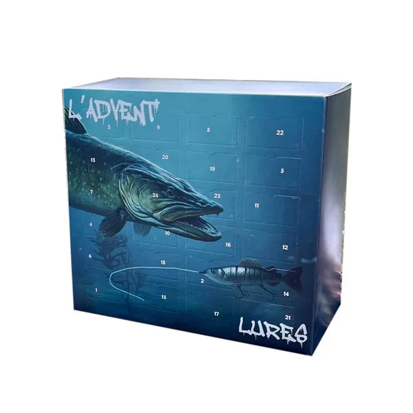 Fiske Advent Kalender for sportsfiskere, fylt med fiskeutstyr og tilbehør til jul.
