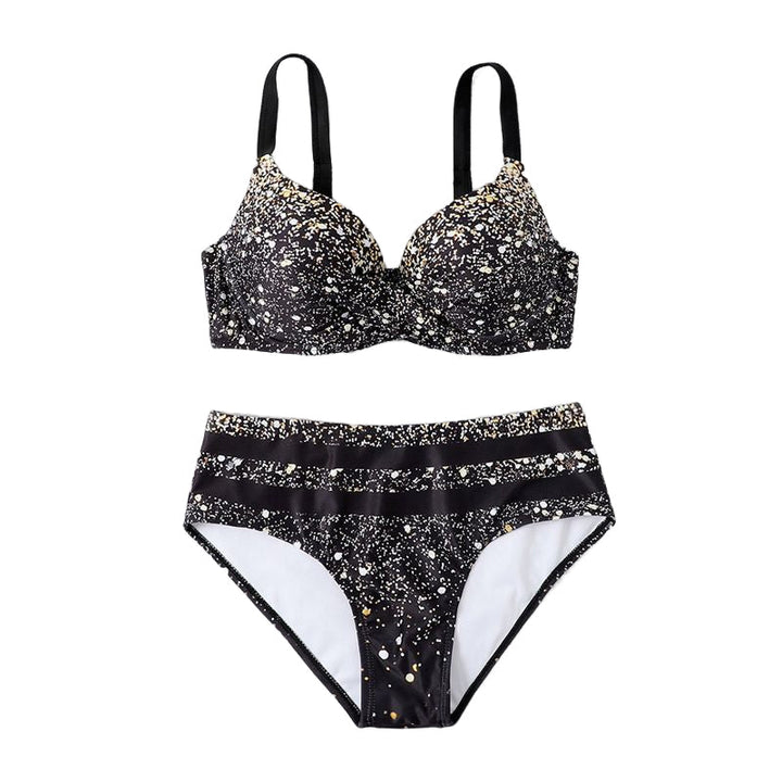 Kvinner bikini, polstret, høy midje, med unikt skinnende trykk. Perfekt mønstret badetøy for strand og sommer.