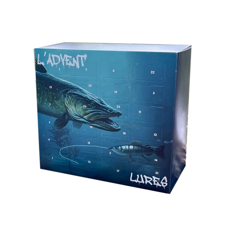 Julefisk adventskalender for sportsfiskere, med spennende sluker og fiskeutstyr for fiske.