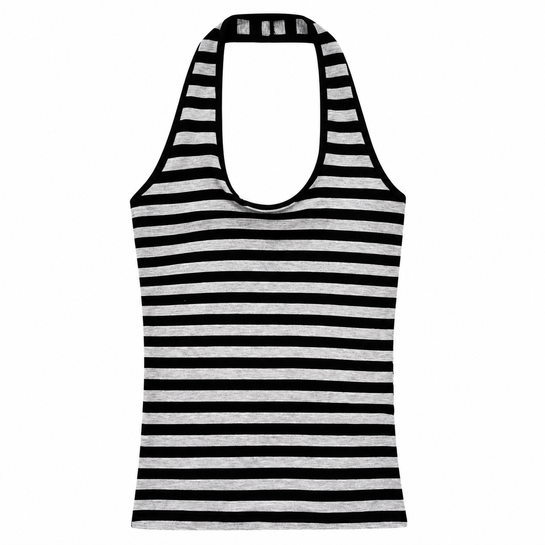 Dame iført figursydd stripet haltertopp, viser passform og elegant stil for sommerklær og fritid.