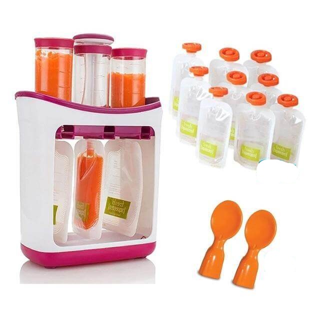 Visning av klemstasjon for babymat, fyller gjenbrukbare matposer. Optimal for travel hverdag.