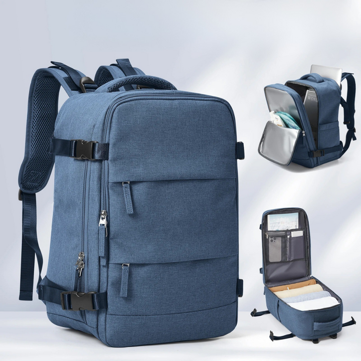 Funksjonell unisex håndbagasje ryggsekk med lett tilgjengelige frontlommer for effektiv organisering på reise.