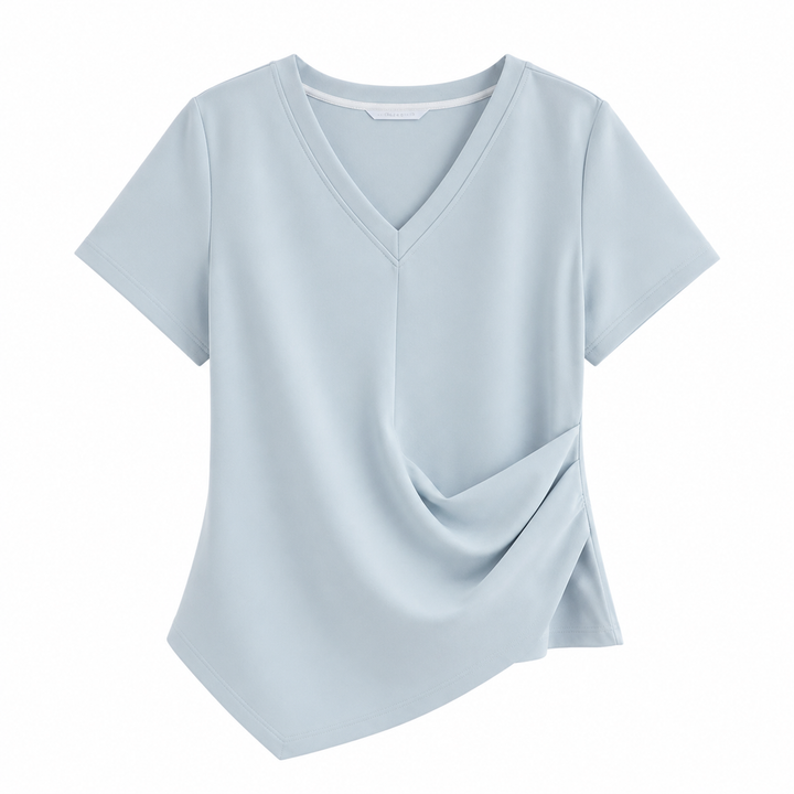 Elegant dame topp med V-hals, asymmetrisk drapering og figursydd passform for fest og hverdag.