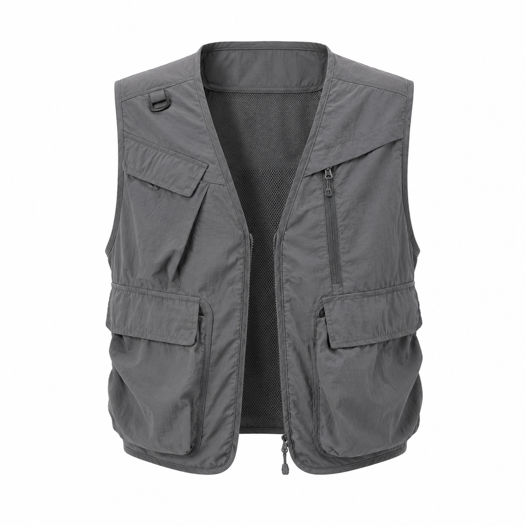 Allsidig unisex fritidsvest for fiske og camping, med smarte lommer for utstyr. Slitesterk turklær.