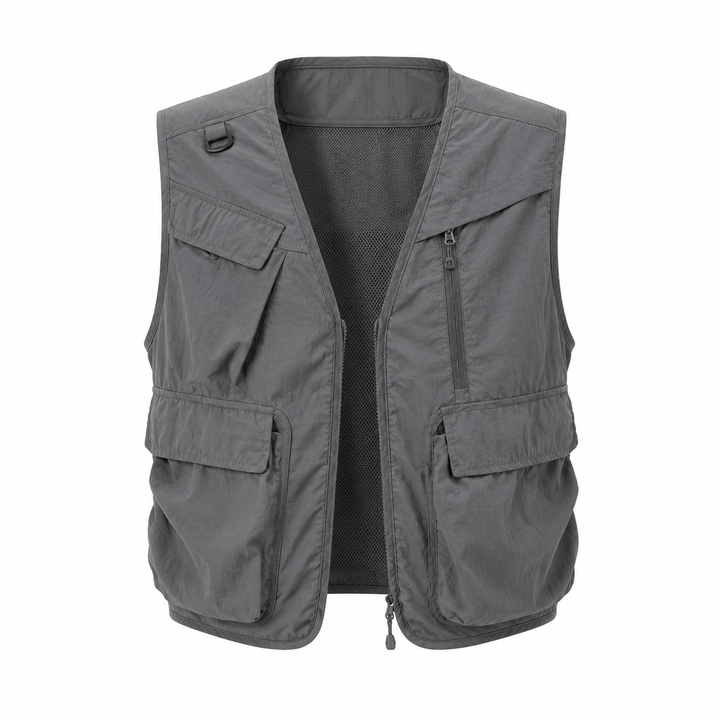 Allsidig unisex fritidsvest for fiske og camping, med smarte lommer for utstyr. Slitesterk turklær.