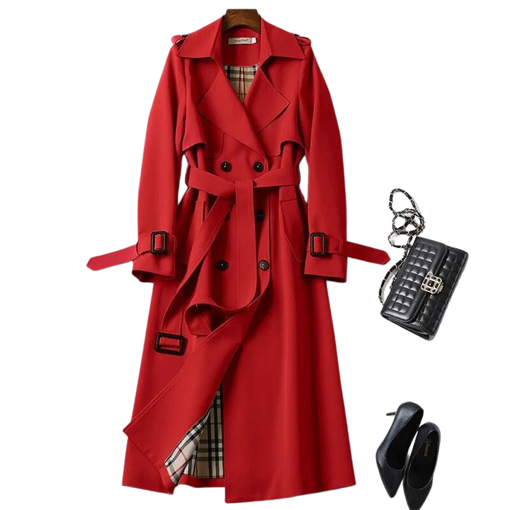 Elegant trenchcoat med belte og klassisk snitt, en stilren langkåpe for kvinner.