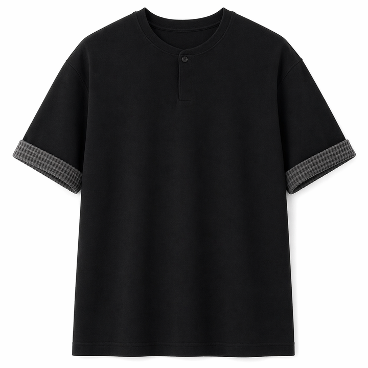Kvalitets Herre Henley t-skjorte (260g) med rutete mønster og komfortabel løs passform for hverdagsmote.