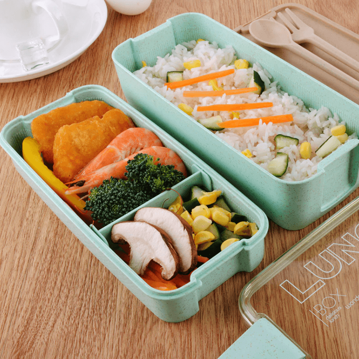 Friske måltider på farten med denne 3-lags lekkasjefrie bento matboksen av hvetestrå.