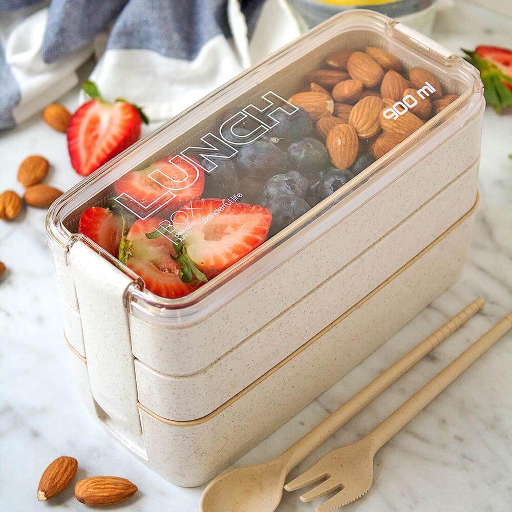 Miljøvennlig bento lunsjboks med 3 lag. Perfekt for fresh matoppbevaring.