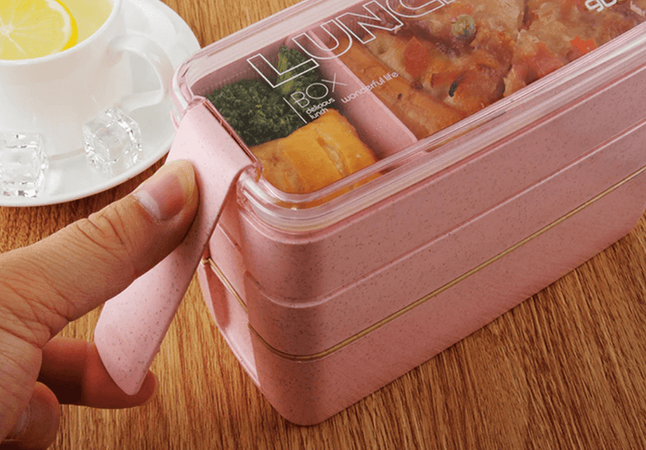 Lekkasjefri hvetestrå bento matboks med 3 lag for organisert matpakke.