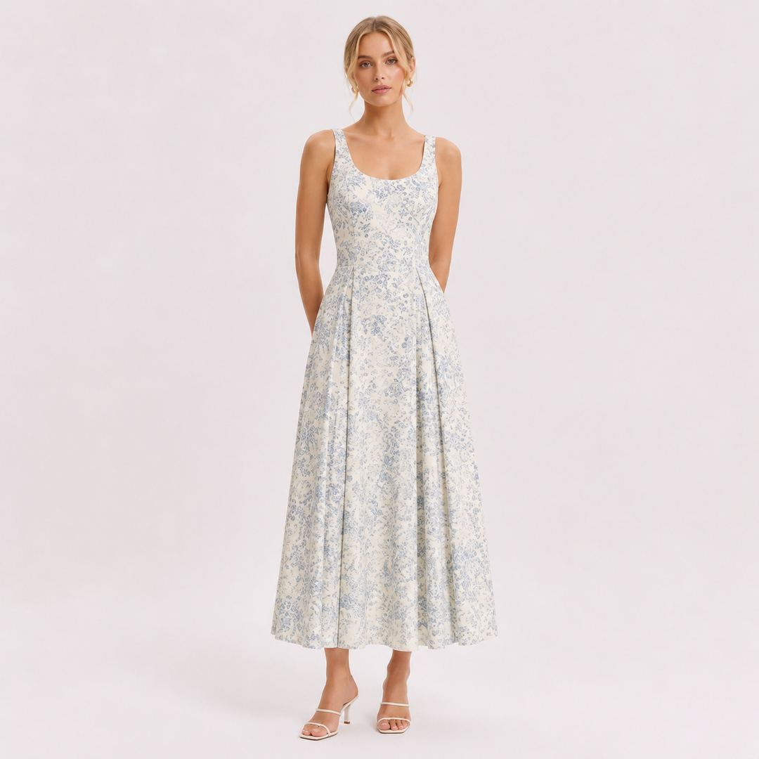 Elegant blomstret midikjole med spaghettistropper for dame, perfekt som sommerkjole eller festkjole.