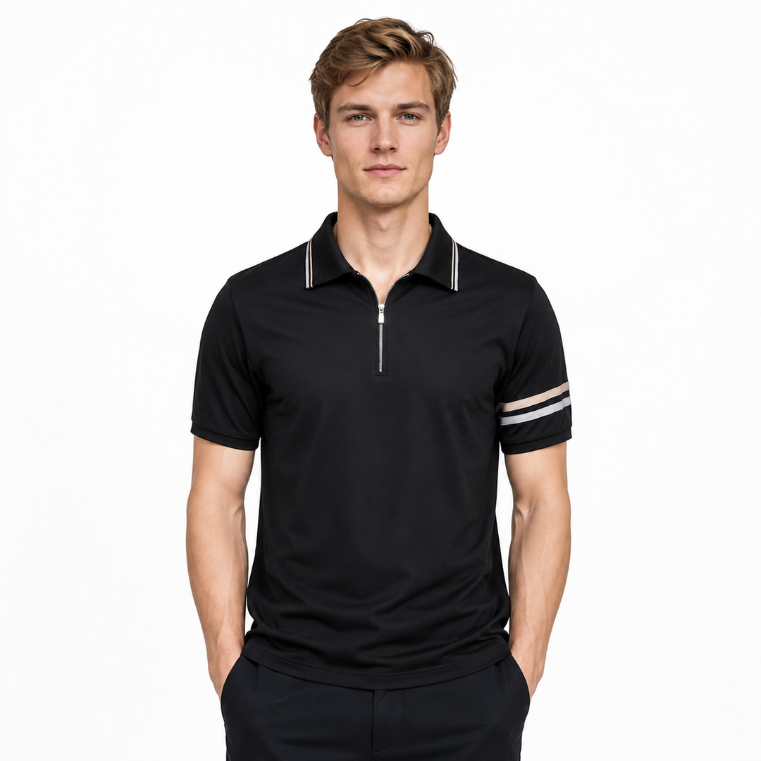 Marineblå herre glidelås polo, kortermet og komfortabel. Perfekt for allround og hverdagsbruk.